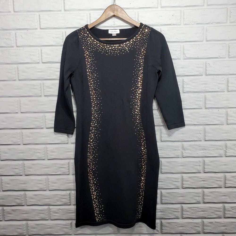 Calvin Klein Womens M Black Rhinestone Embellished Studded Knit 3/4 Sleeve Dress